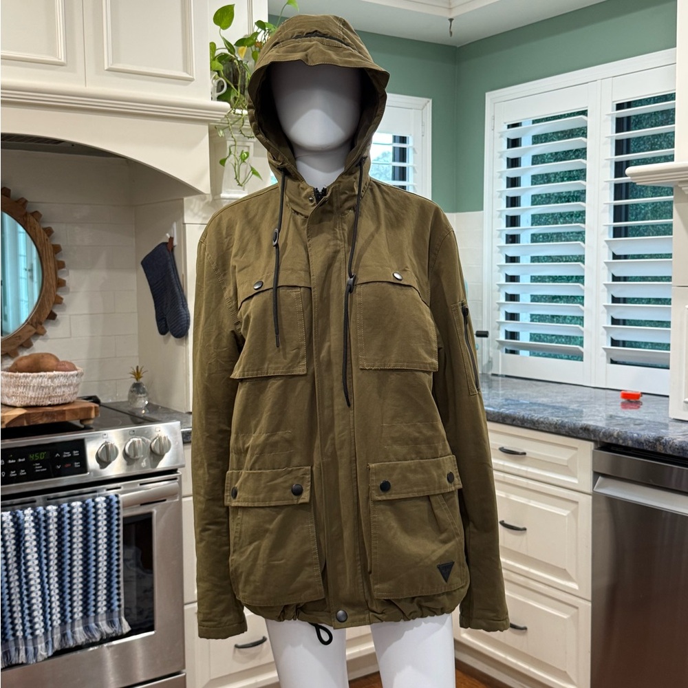 Guess Men's Khaki Hooded Military Cargo Field Jacket Small